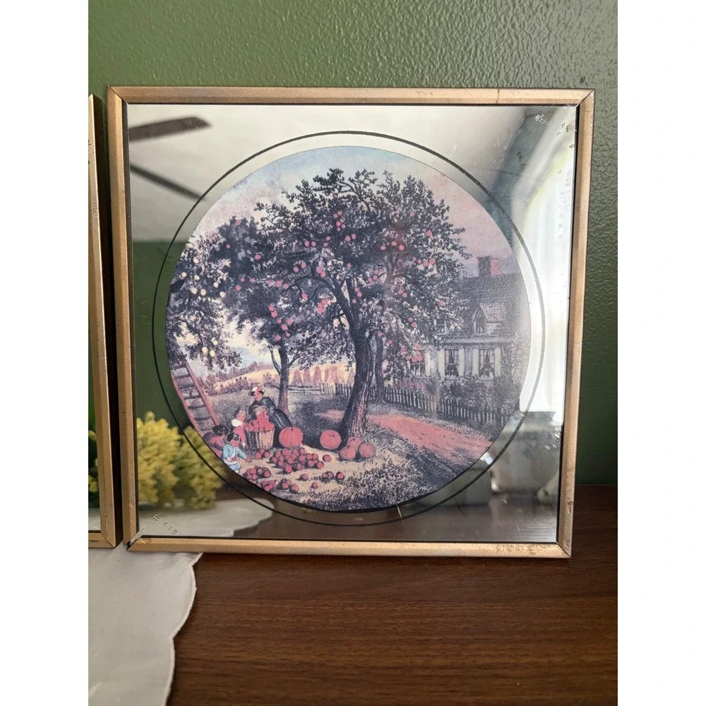Set of 3 Currier & Ives Mirror-Framed Seasonal Prints, Vintage Homestead Scenes